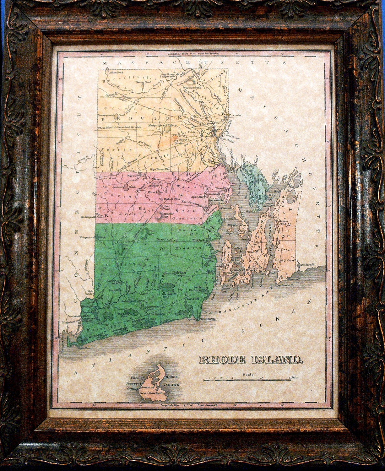 Rhode Island Map Print of an 1827 Map on Parchment Paper