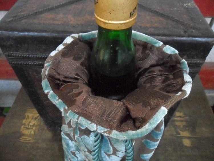 Wine Bag Sack Aqua Cut Velvet Gift Bag
