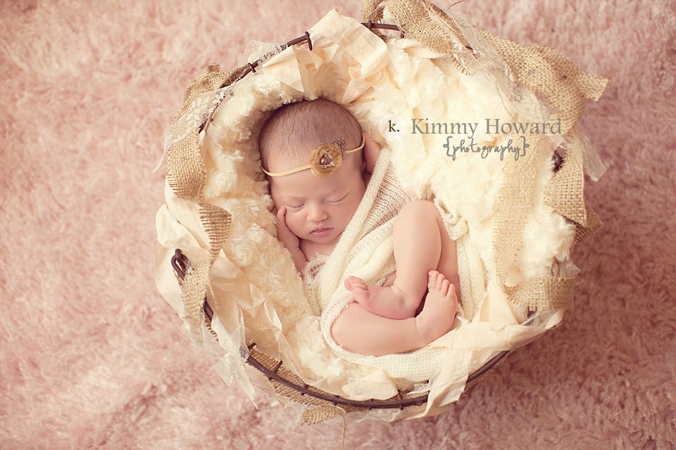 Golden Tan  Boho  Tie Back  Headband - Vintage baby Headband- Rose Headband- Tie Back Headbands- Newborn Photography prop