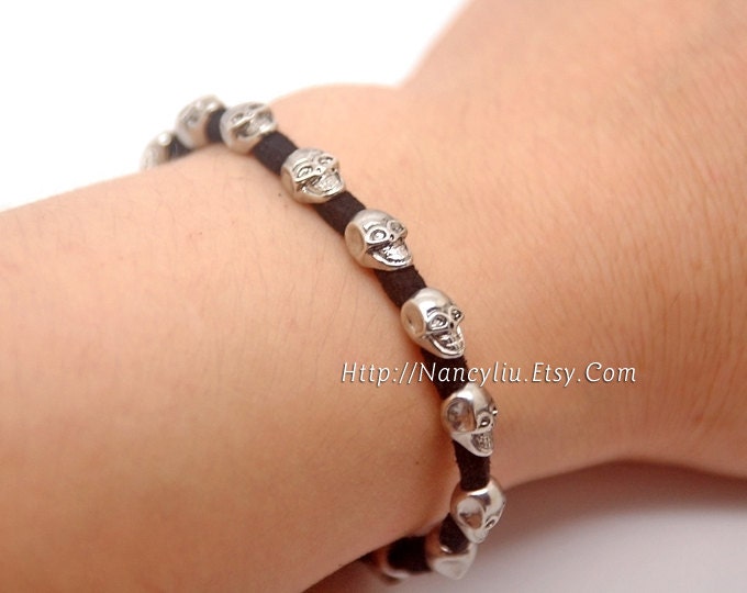 Silvery Skulls bracelet, Black Leather Rope Ghostly Skulls bracelet, Day Of The Dead