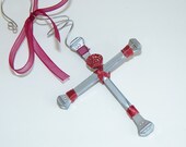 Cross Christmas Ornament Wall Hanging Home Decor Wire Wrapped Horseshoe Nail Cross Red Copper Wire Handmade Montana USA Free Shipping
