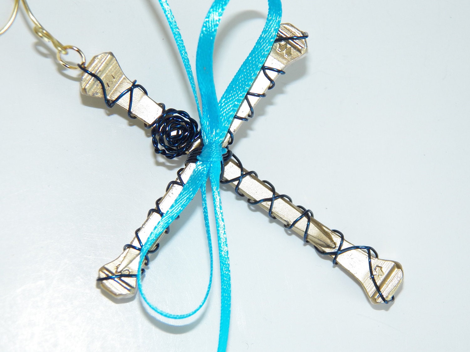 Cross Christmas Ornament Wall Hanging Gold Horseshoe Nail Cross Blue Wire Wrapped Ribbon Home Decor Handmade Montana USA Free Shipping