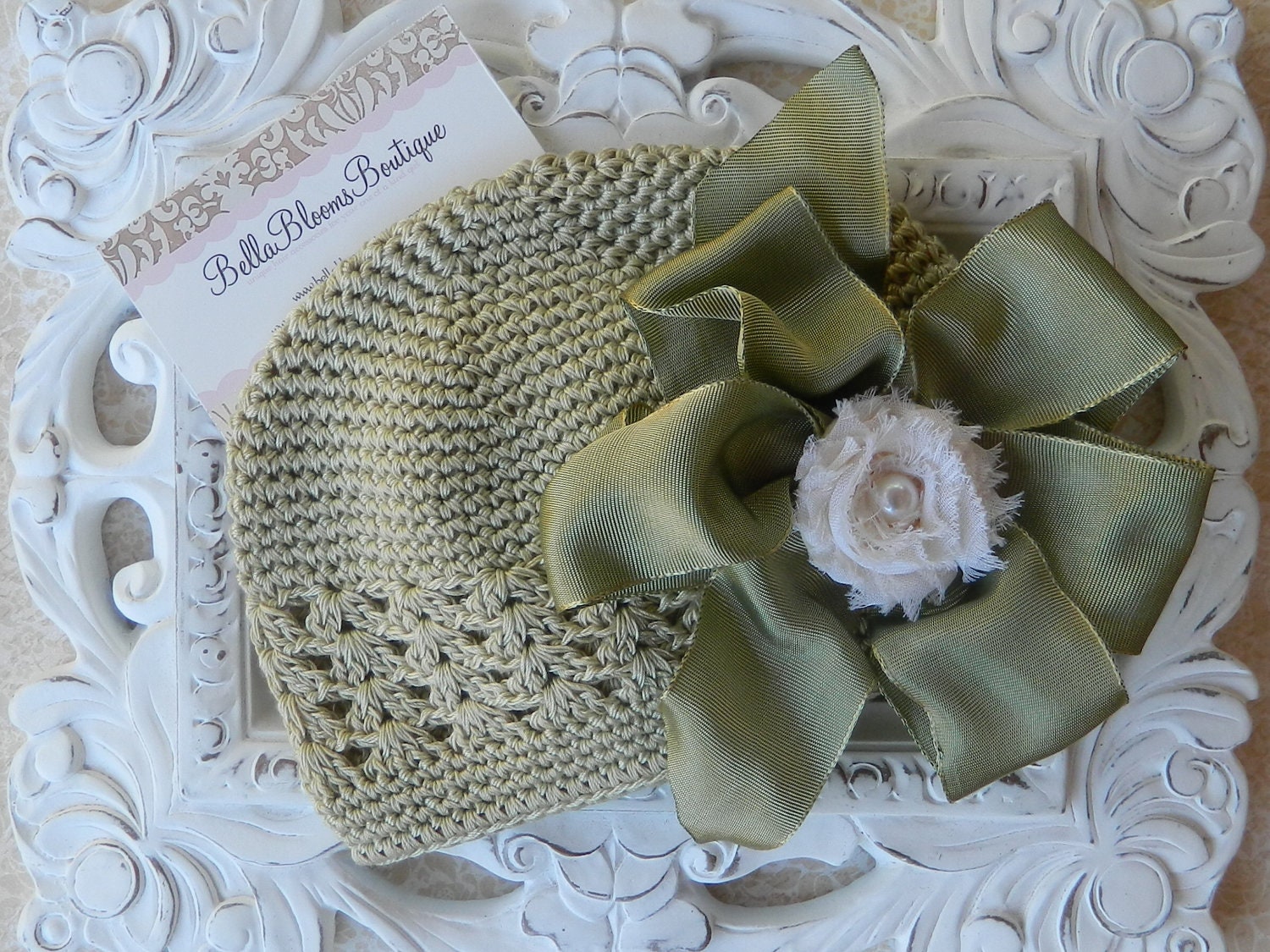 20%OFFORDER.Shabby Chic Hat.Crochet hat.grosgrain bow.sage grosgrain bow.shabby bow.infant hat.toddler hat.girl hat