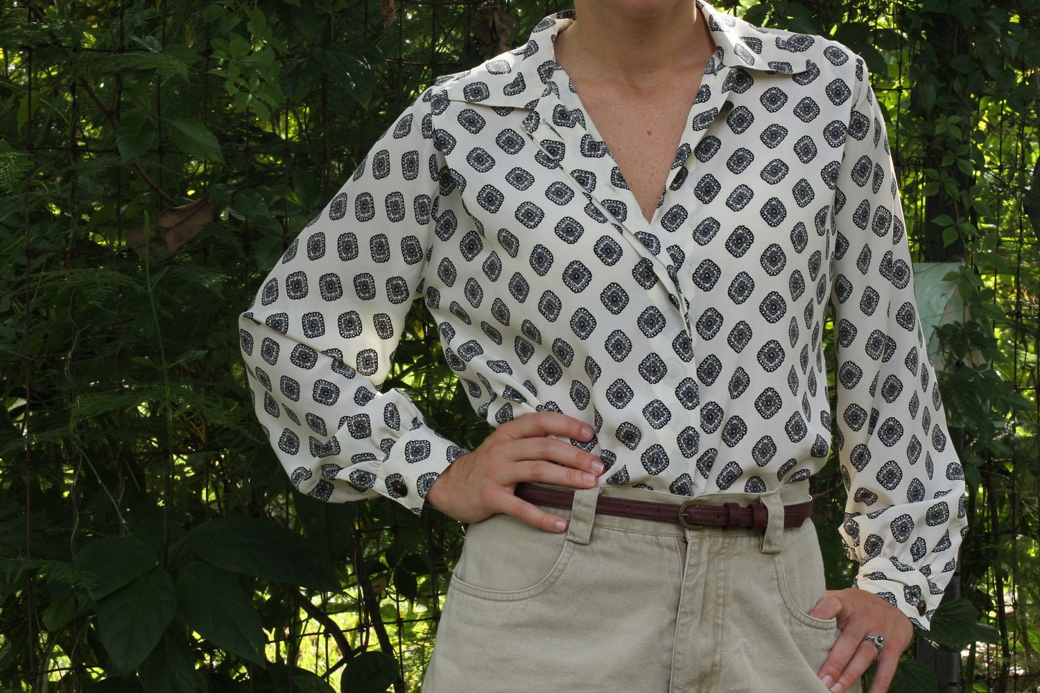Women's Vintage 70's Inspired Cream and Navy Printed Blouse