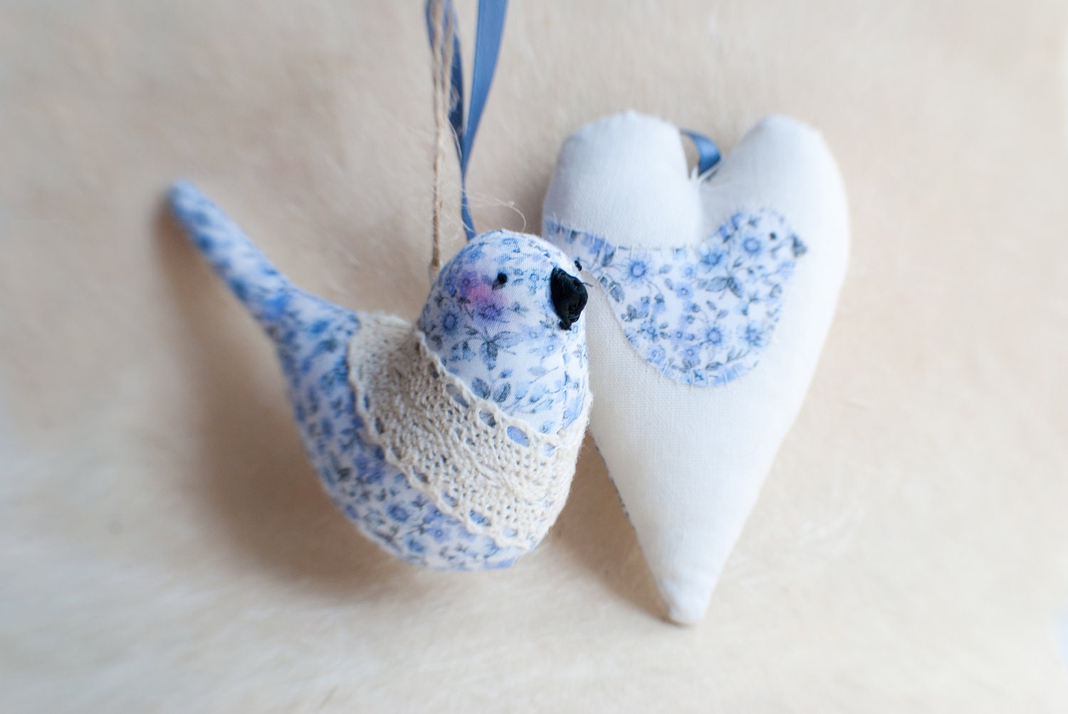 Bird And Heart - Art Decor - Home Decor - Art Decorative Doll - Fabric Decor - Wedding Decor - Wedding Accessories - Nursery Children - Blue