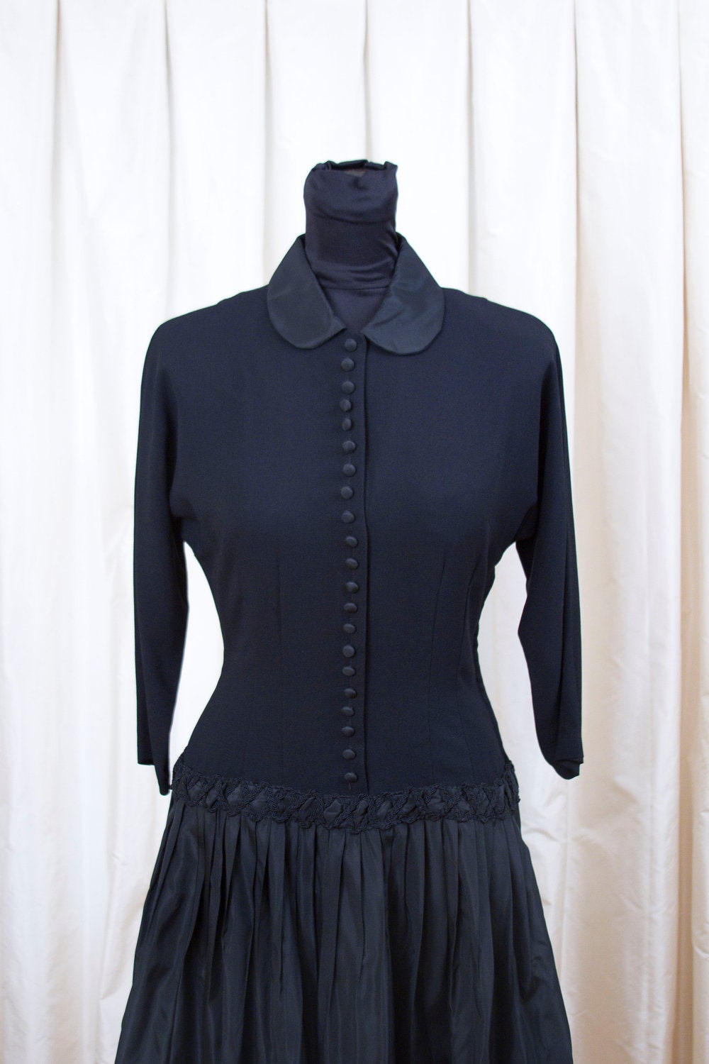 1940's 1950's Dress // Black Crepe and Taffeta Dress by Leslie Fay