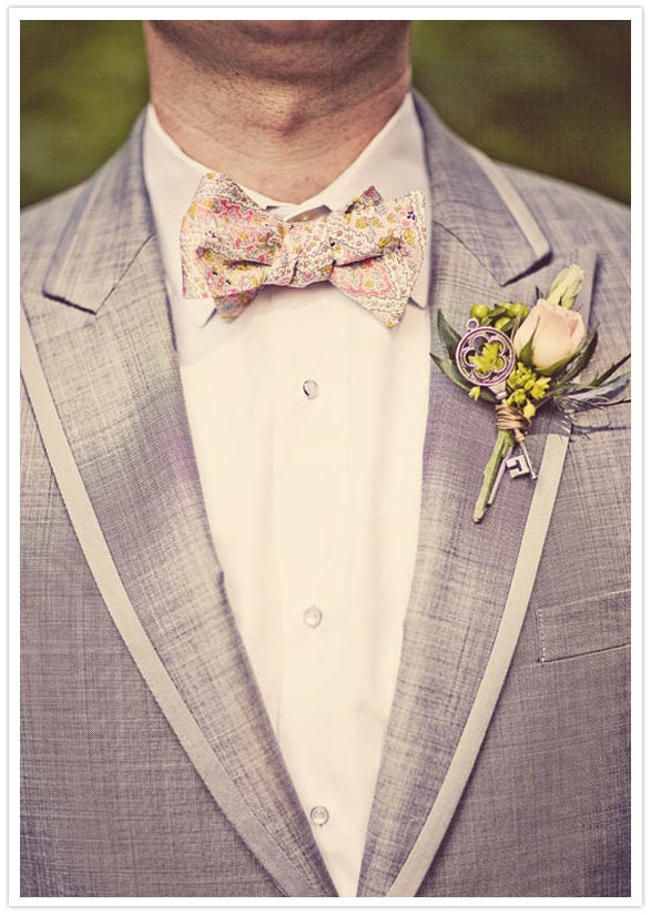 Wedding Mens Bow Tie Charles Eames- Pink, gold and grey/blue paisley bowtie