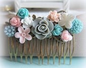 Bridal Hair Comb Turquoise Pink Gray Wedding Aqua Bridesmaid Gift Shabby Chic Flower Collage Victorian Tea Party