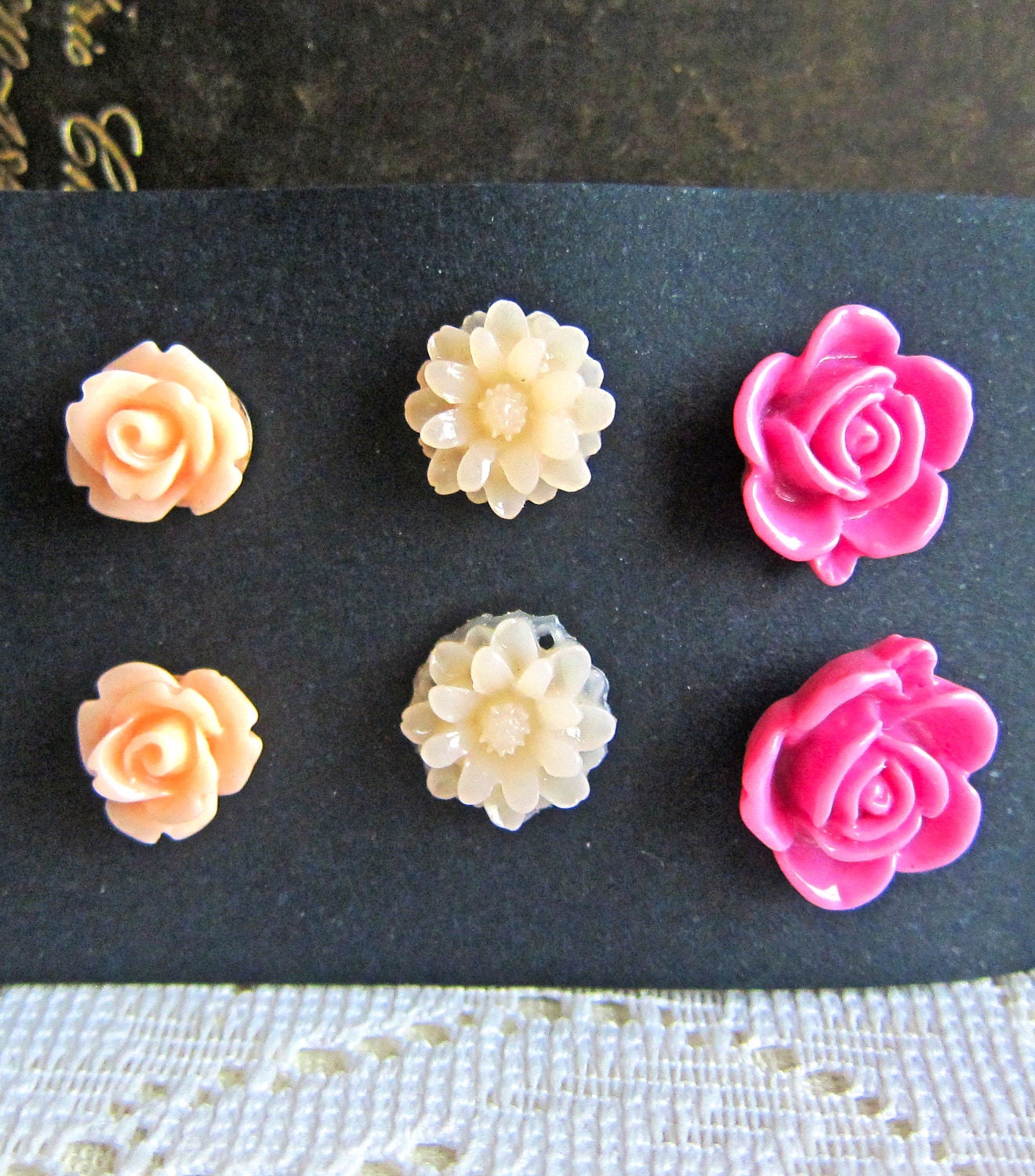 Floral Stud Post Earrings Set Floral Earrings Set Floral Studs Lot of 3 Flower Post Set Beige Pink Peach Orange Earrings