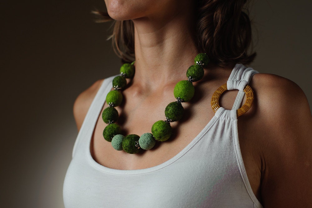 Felt Beadwork Necklace Statement Chunky Green Jewelry Autumn Fashion