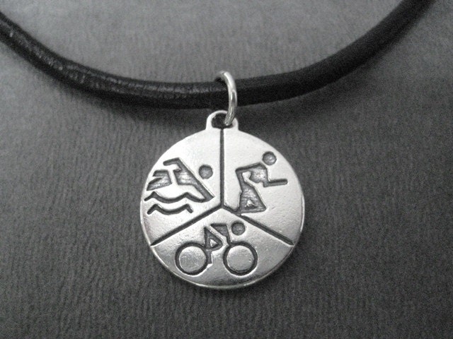 SWIM BIKE RUN Round - 17 3/4 inch Sterling Silver Triathlon Necklace on 17 3/4 inch Leather and Sterling Silver chain - Unisex Triathlon