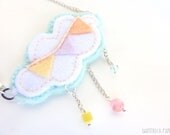 Reversible pastel cloud and raindrops necklace. Bib necklace. Naif style