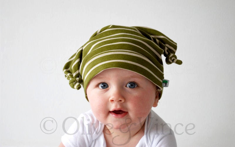 Olive green stripe hat gift double knot beanie - Newborn ONLY - Last one available. Material discontinued.