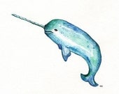 Narwhal/ watercolor print/teal/light green/aqua blue/turquoise/sea/ocean life