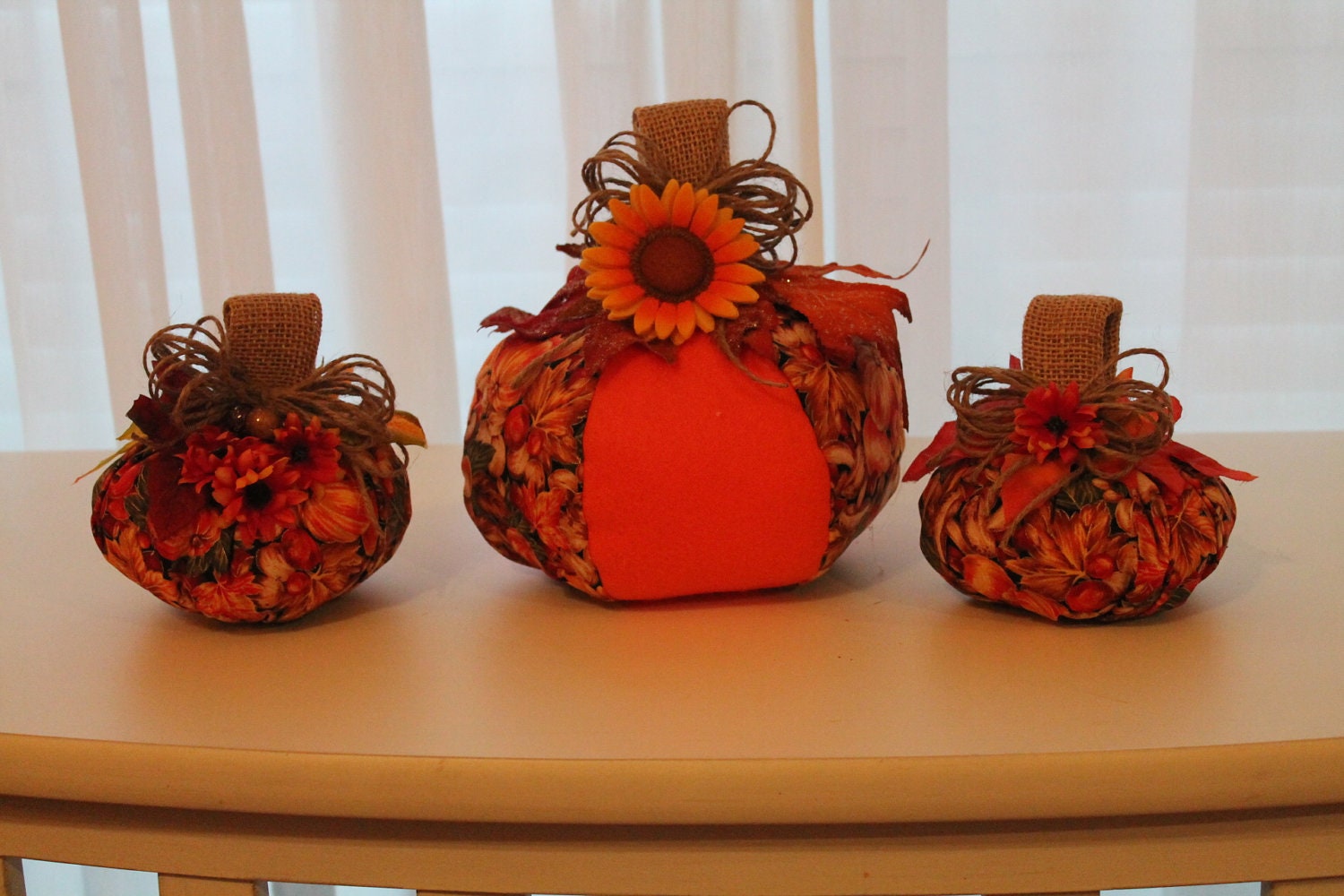 Fall Decor...Pumpkins Fabric Stuffed Set of Three...Fall Centerpiece..Thanksgiving Decor..Home Decor