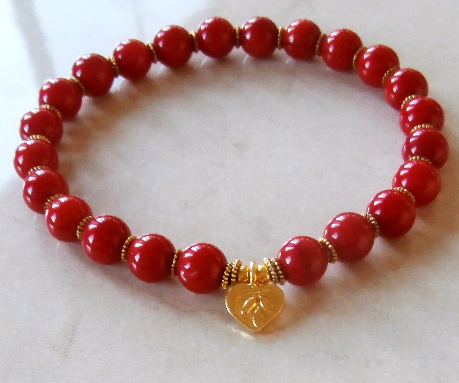 Mystic red Coral with Gold Vermeil Lotus, mala bracelet, Yoga Bracelet, Meditation bracelet, Reiki Charged, free shipping