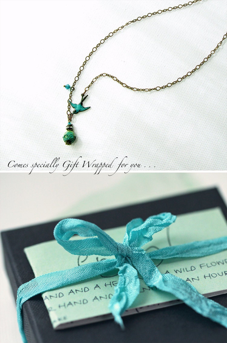 Blue Bird Necklace in turquoise, teal green mint and aqua. Nature Inspired Jewelry
