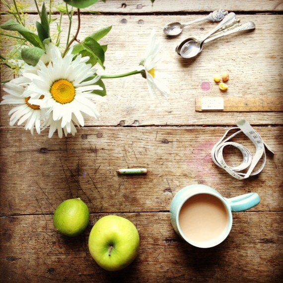 Limited Edition Signd Print of The Table, 'July' featuring Daisies, Tea, Fruit and Tiny Cornish Shells.