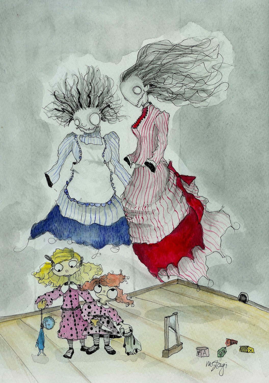 The Nannies Original Art by Creepymama Babysitter, Floating Ghosts, Scary, Haunted, Zombie, Family, Little Girls, Children