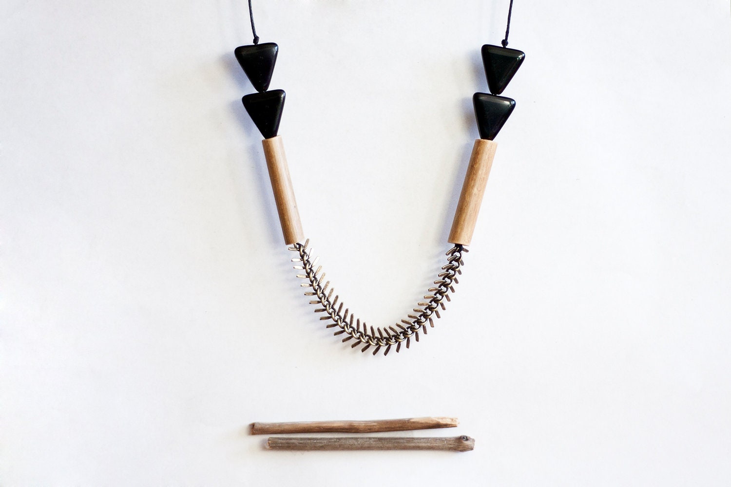 geometric, tribal, brass chain, black triangle glass beads, wood beads and black rope, long, beaded necklace