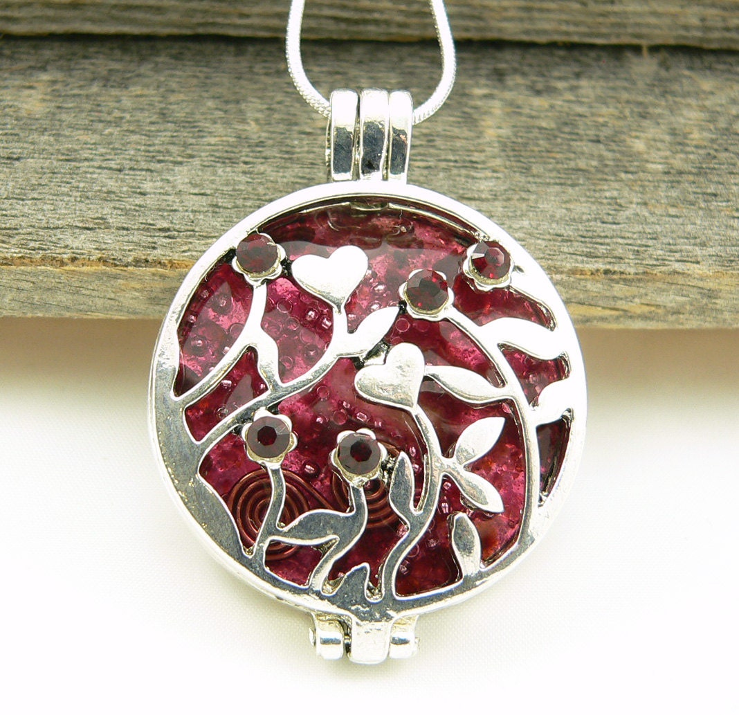 Orgone Energy Flower Garden Locket - Antique Silver - Red with Garnet Gemstone - Swarovski Crystals - Artisan Jewelry