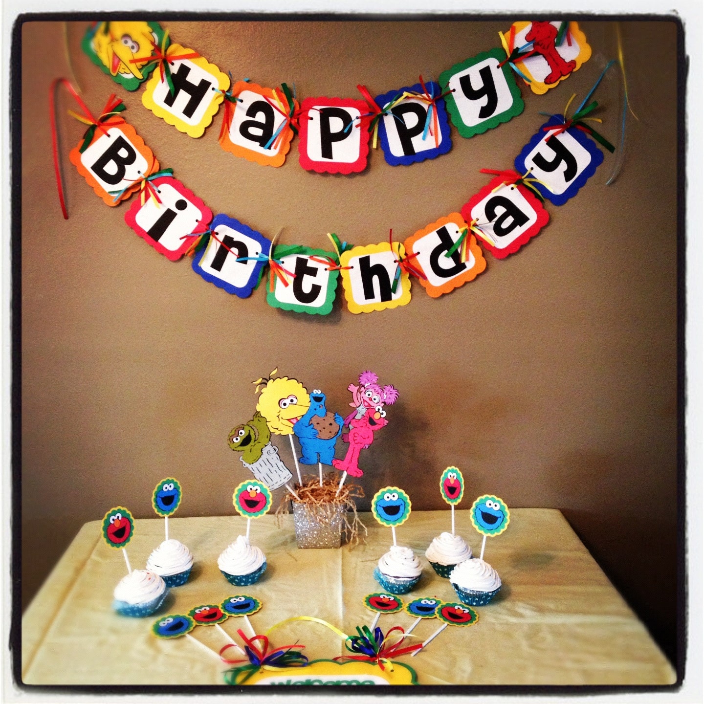 Sesame Street Birthday party Set Elmo, Cookie Monster, Abby Cadaby, banner door sign centerpiece and toppers