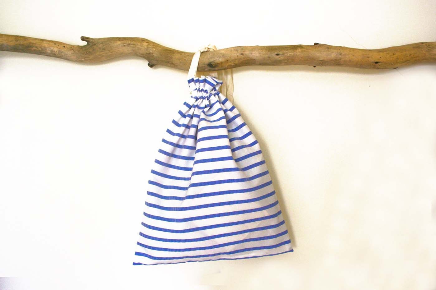 Gift Bag - Blue Seersucker Stripe- Hand Crafted from Salvaged Fabrics