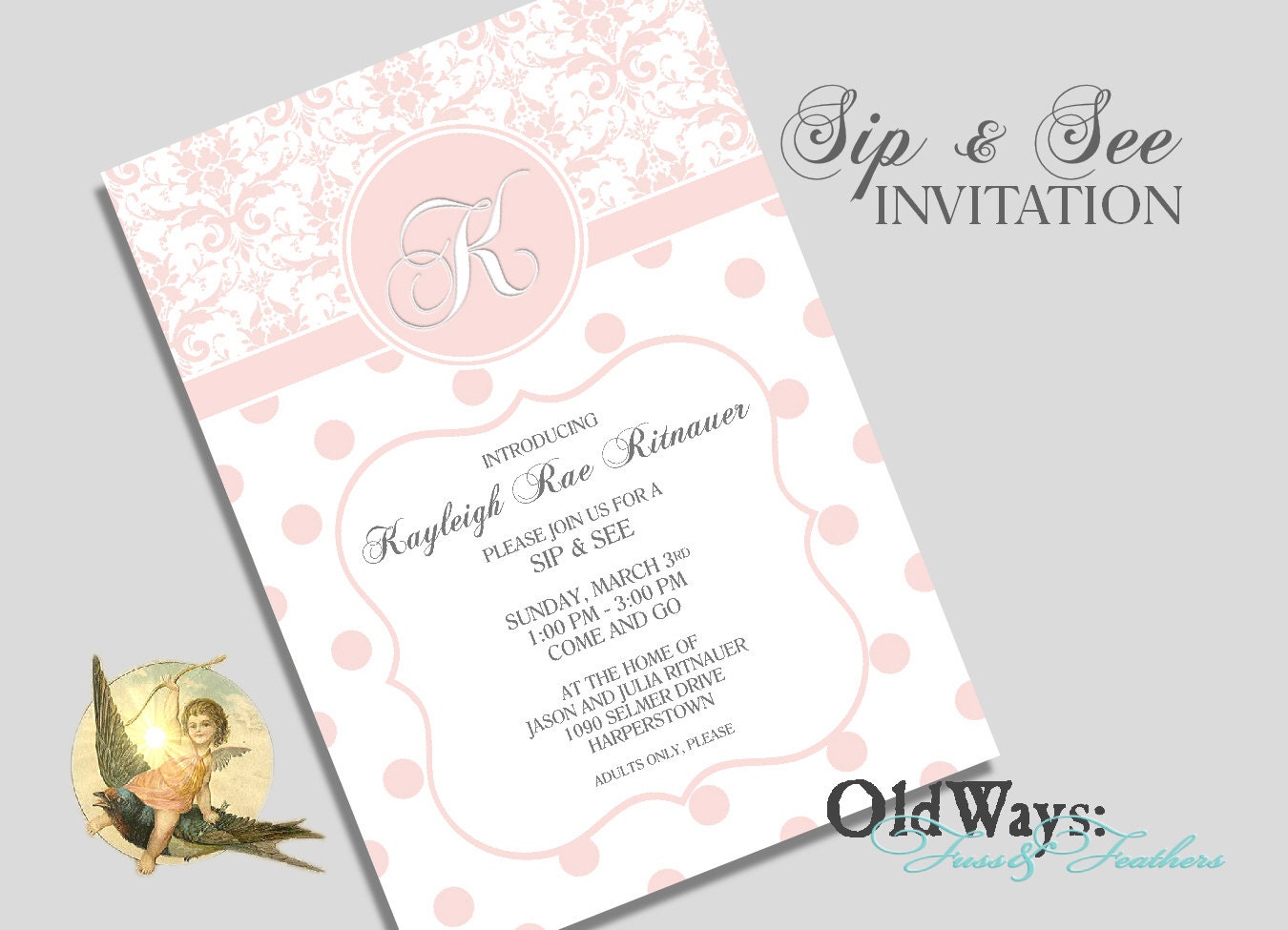 Dots and Damask Sip and See Invitation Girl Baby Shower Pink Monogram - Printable Custom Invite DIY 5x7 Digital JPEG PDF Files