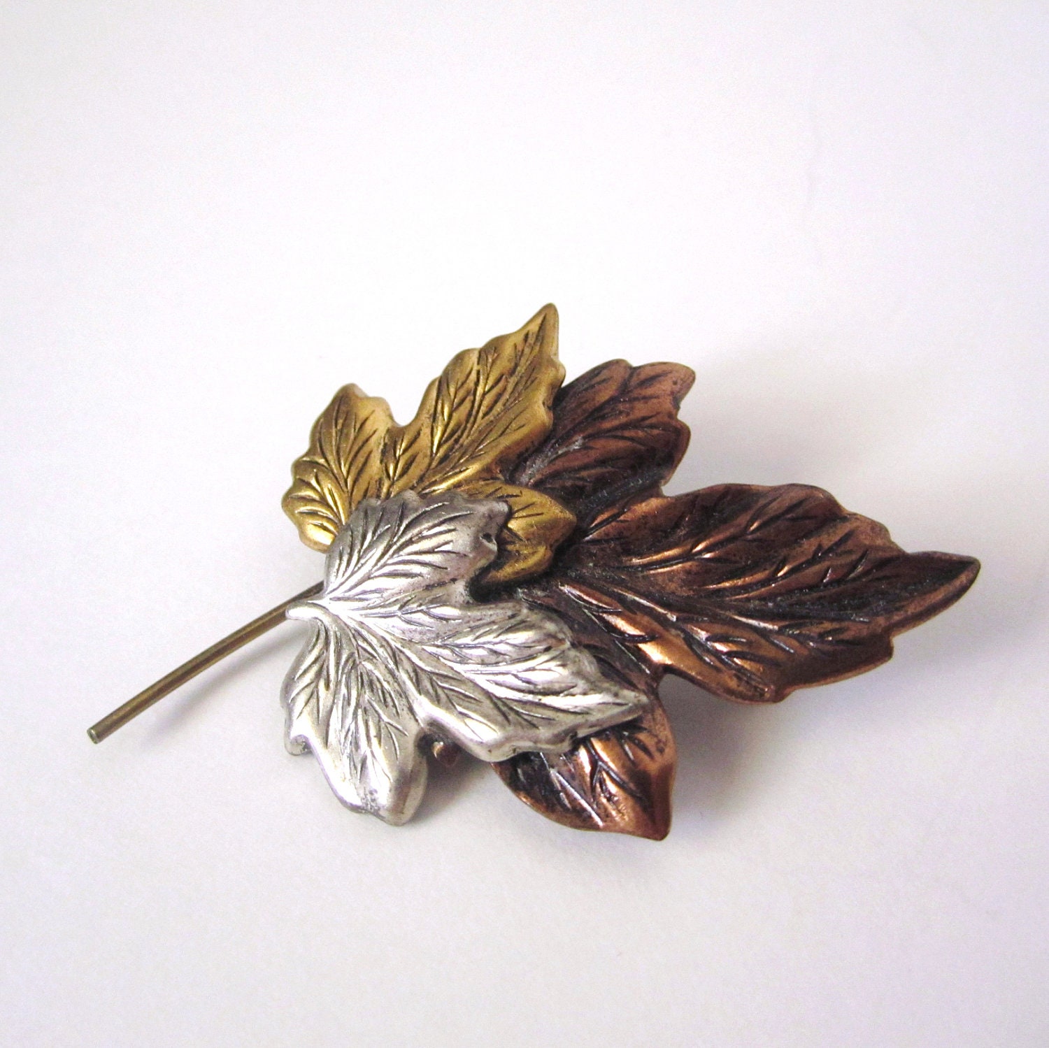 Vintage 1970s Silver Gold and Copper Brooch Pin // Avant Garde // Leaves // Fall // Autumn