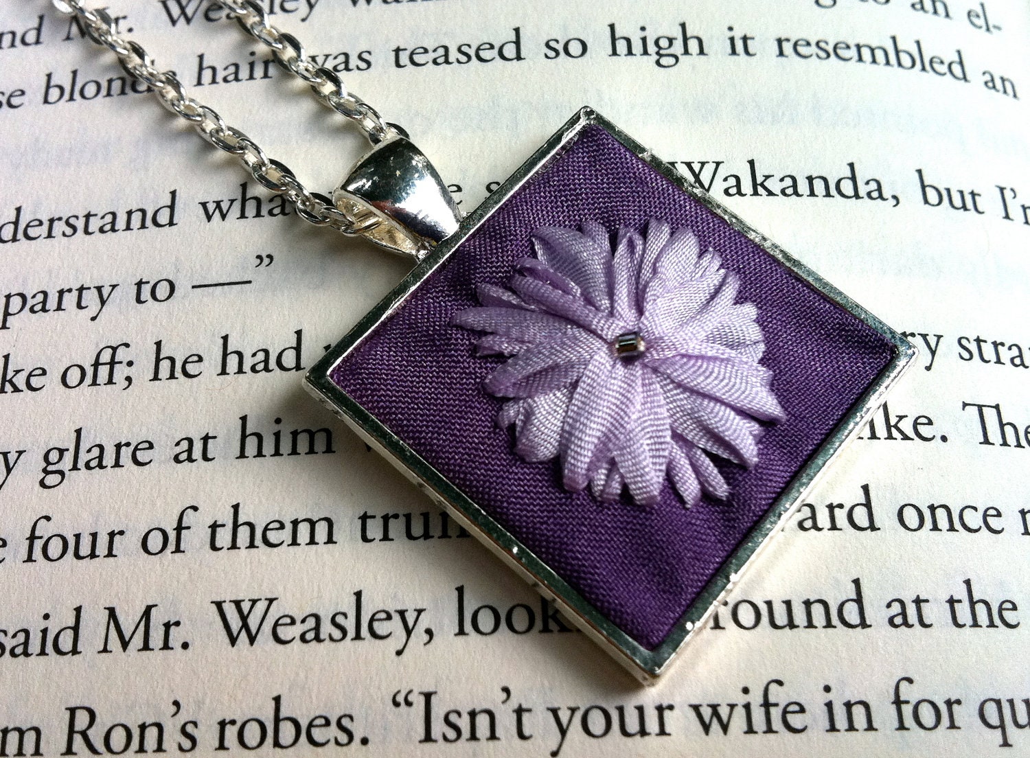 Purple and Lavender Flower Embroidered Pendant Necklace - Silk Ribbon Embroidered Jewelry by BeanTown Embroidery