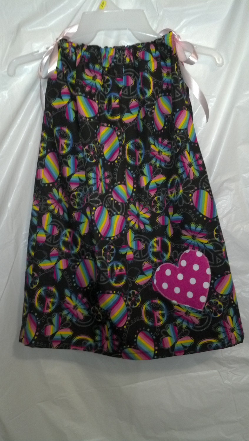 Girls Pillowcase Dress -Hearts Butterflies Peace Rainbow- Blue Pink Green-Ready to Ship-Size 6 - OOAK