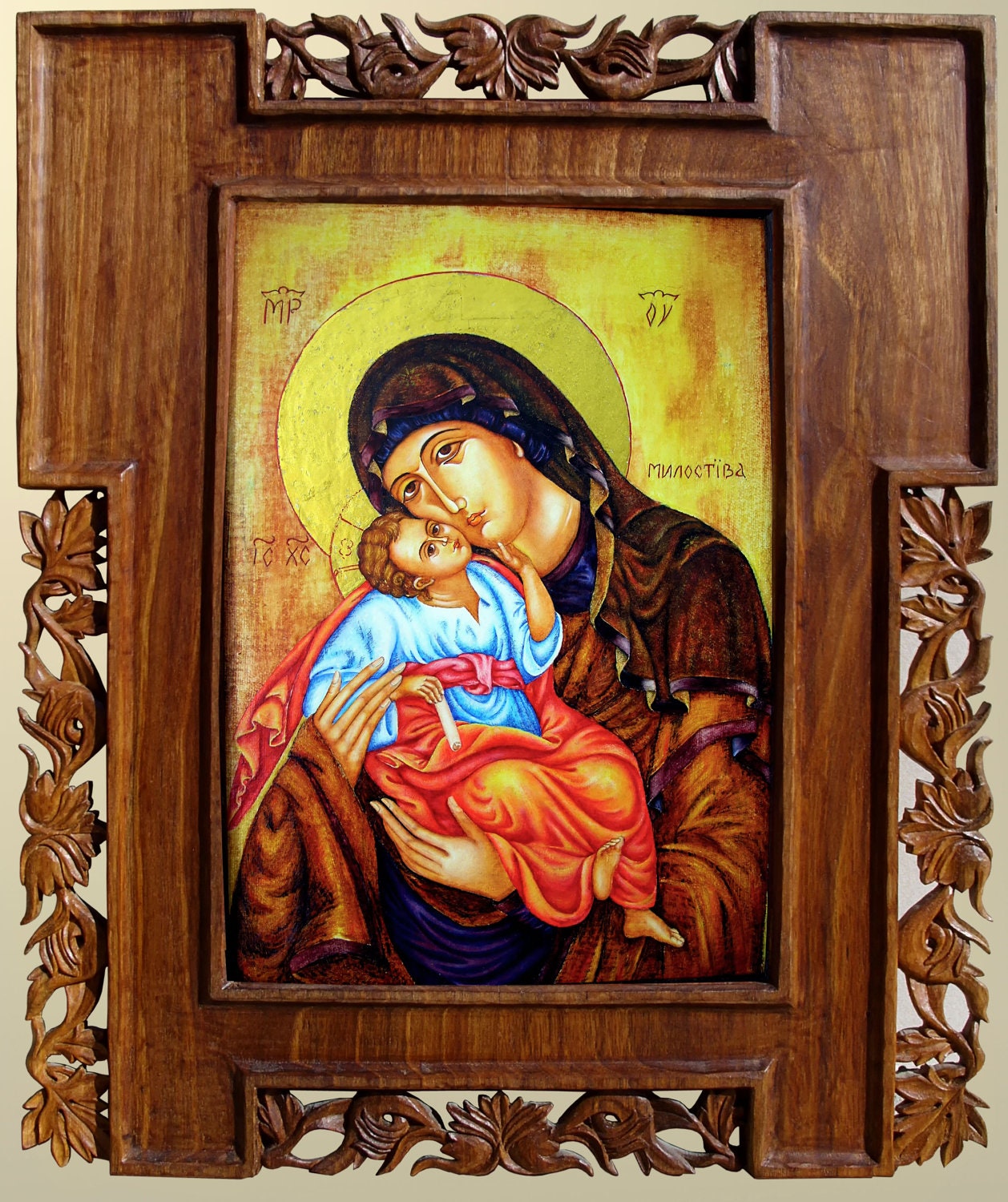 Art Wood Carving Virgin Mary and Jesus Orthodox Christian Religious Icon Byzantine MariyaArts