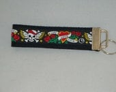 Wristlet key Fob - Black Cotton Webbing - Tattoo Design - Skulls and Roses