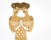 Siamese twins - Articulated Paper Doll by Dubrovskaya. Kraft paper, hand painted, MADE TO ORDER.