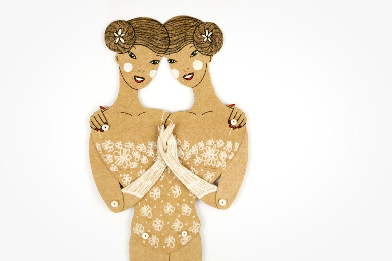 Siamese twins - Articulated Paper Doll by Dubrovskaya. Kraft paper, hand painted, MADE TO ORDER.