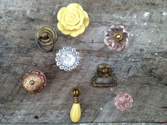 Eclectic Collection of 8 (Eight) Knobs / Pink Lemonade Collection / Antique Brass, Drop Pull, Yellow Rose, Clear Pressed Glass