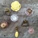 Eclectic Collection of 8 (Eight) Knobs / Pink Lemonade Collection / Antique Brass, Drop Pull, Yellow Rose, Clear Pressed Glass