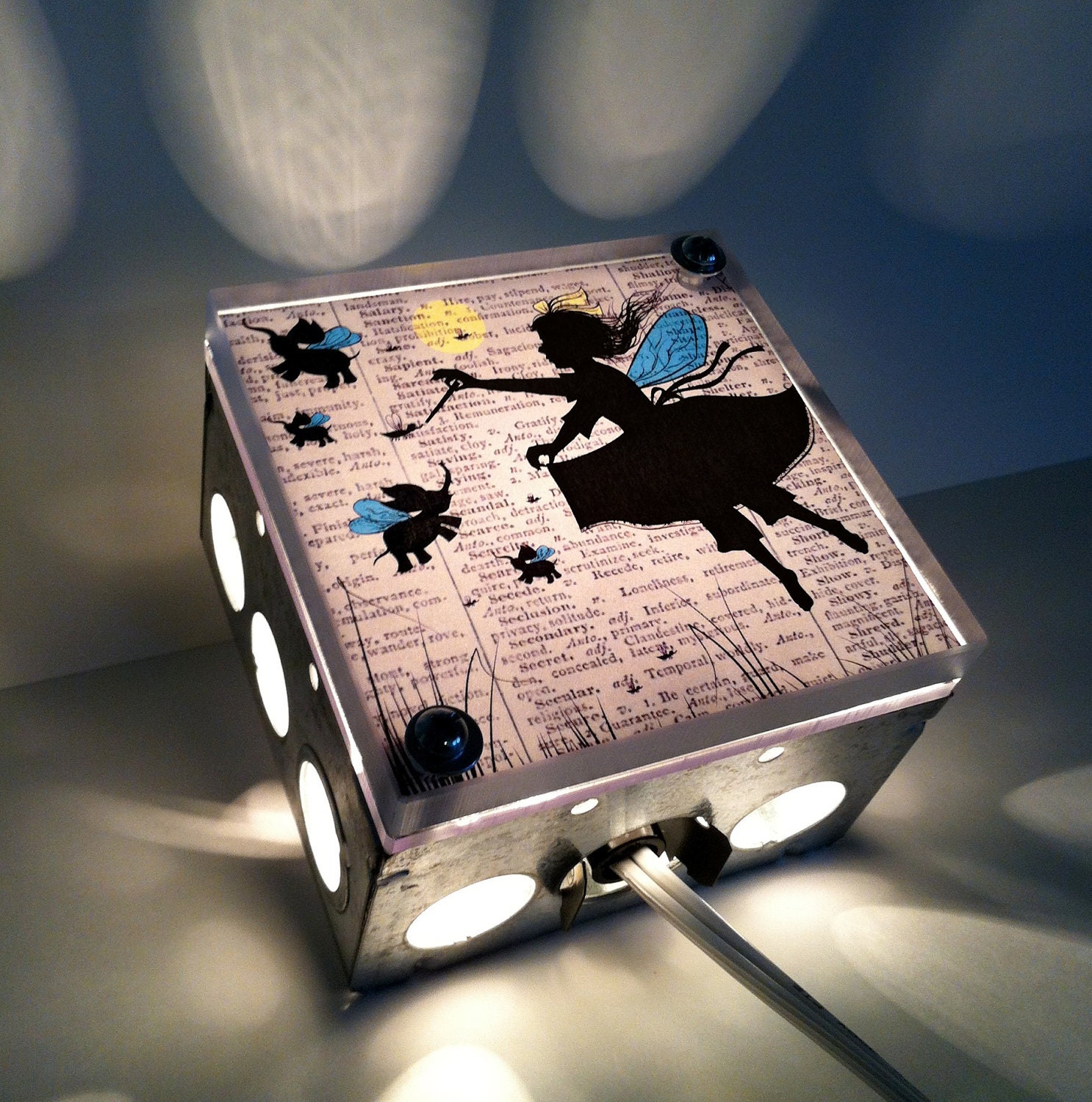 Flying Baby Elephant And Fairy - Repurposed Vintage Dictionary Print Design Night Light