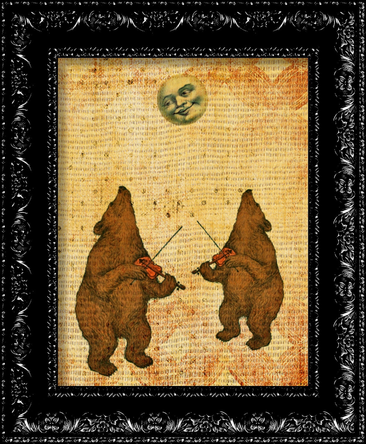 Bears Play Music For The Moon - Nursery Print -  Vintage Retro Inspired - Collage Art Print -  8x10  - Art Print Poster