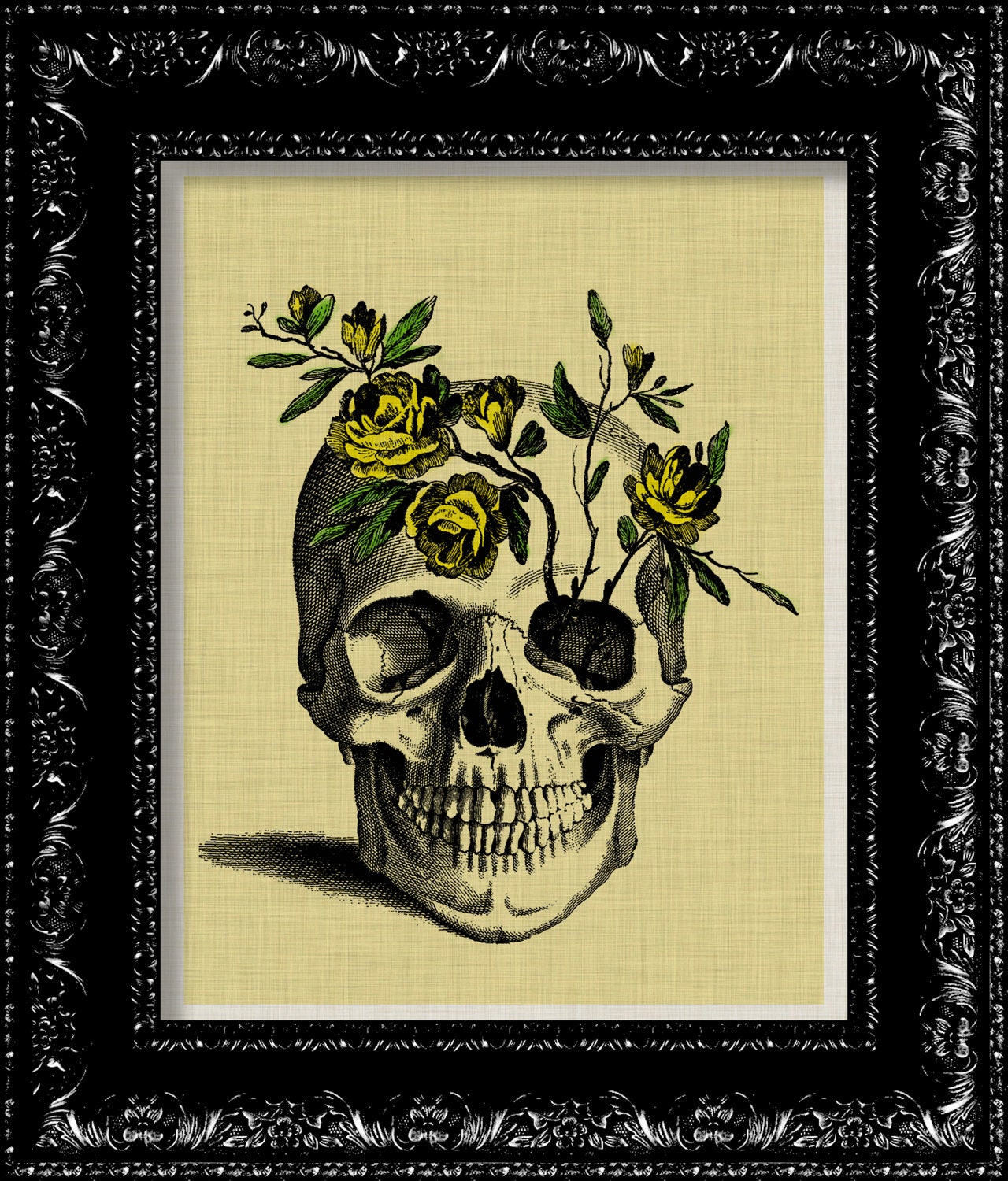 Steampunk Anatomy Yellow Flower Skull Print - Vintage Retro Geekery Inspired - Collage Art Print -  8x10 Art Print Poster
