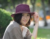 crochet hat handmade women crochet  summer  bowler straw  hat  with brim in brown color