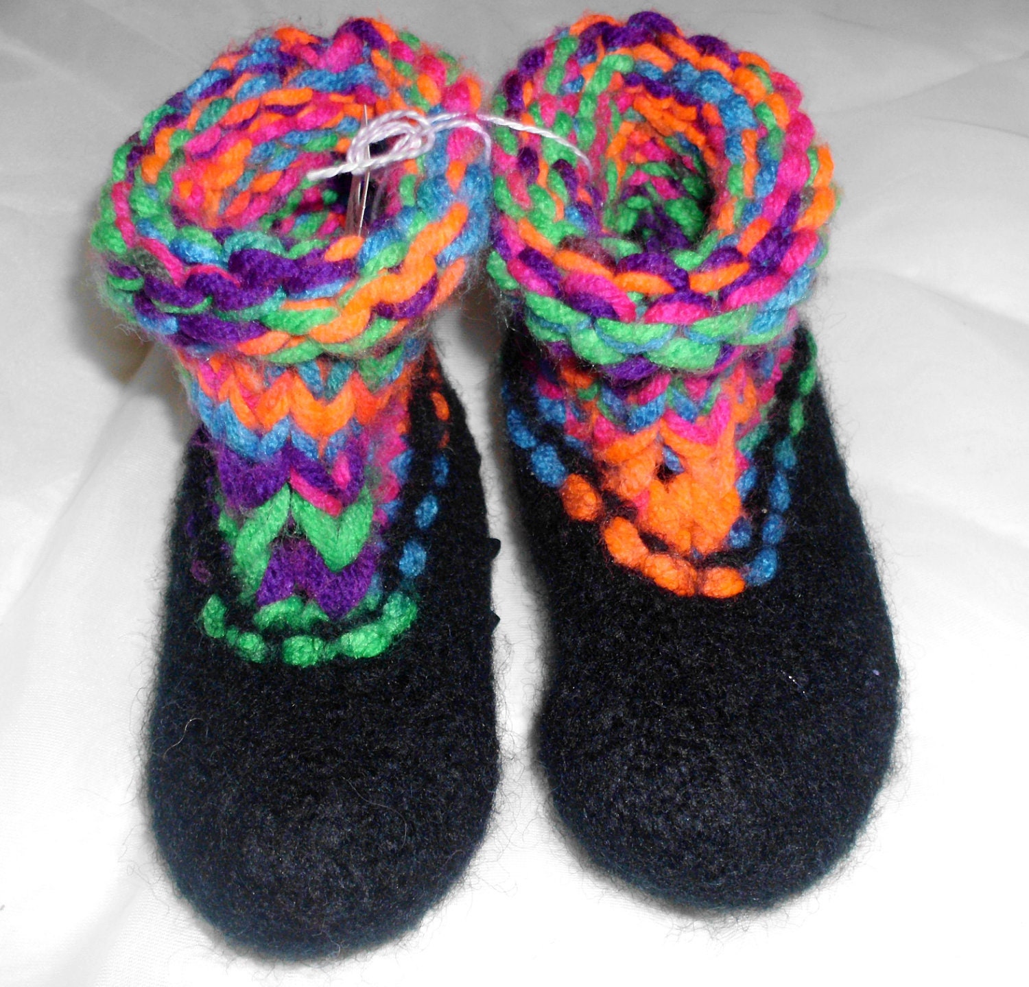 Baby or Toddler Slippers - Hand-Knit Felted Wool Booties / Black with Multi-Color Cuffs