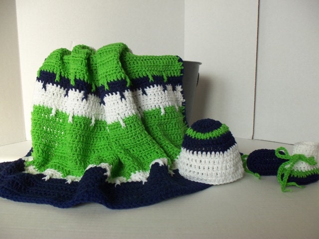 Baby/Toddler Boys Blue, Green Apple, and White Afghan with Hat and Bootie Set