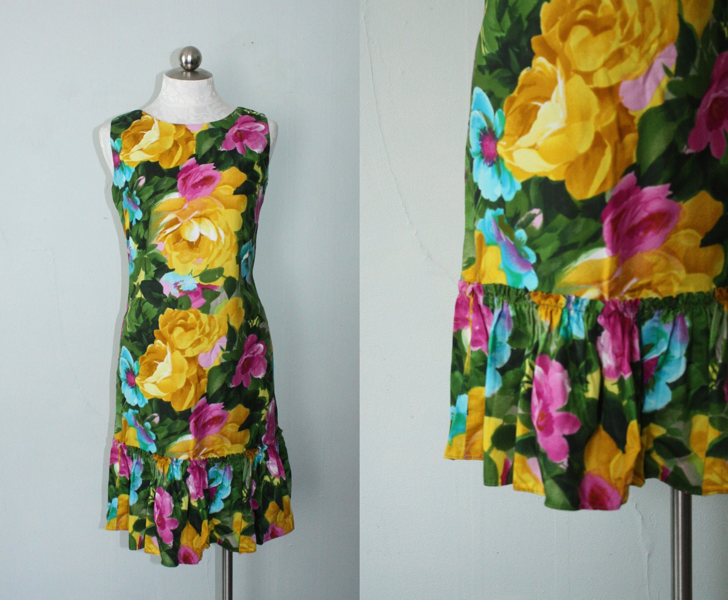 1960s cotton mermaid skirt  shift dress // Watercolor Rose / size medium