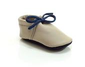 Lambswool lined beige and navy blue handmade leather shoes for baby, toddler and children