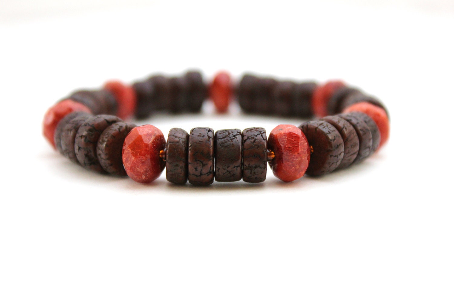 red coral bracelet   salwag and sponge coral   brown and pink stacking bracelet