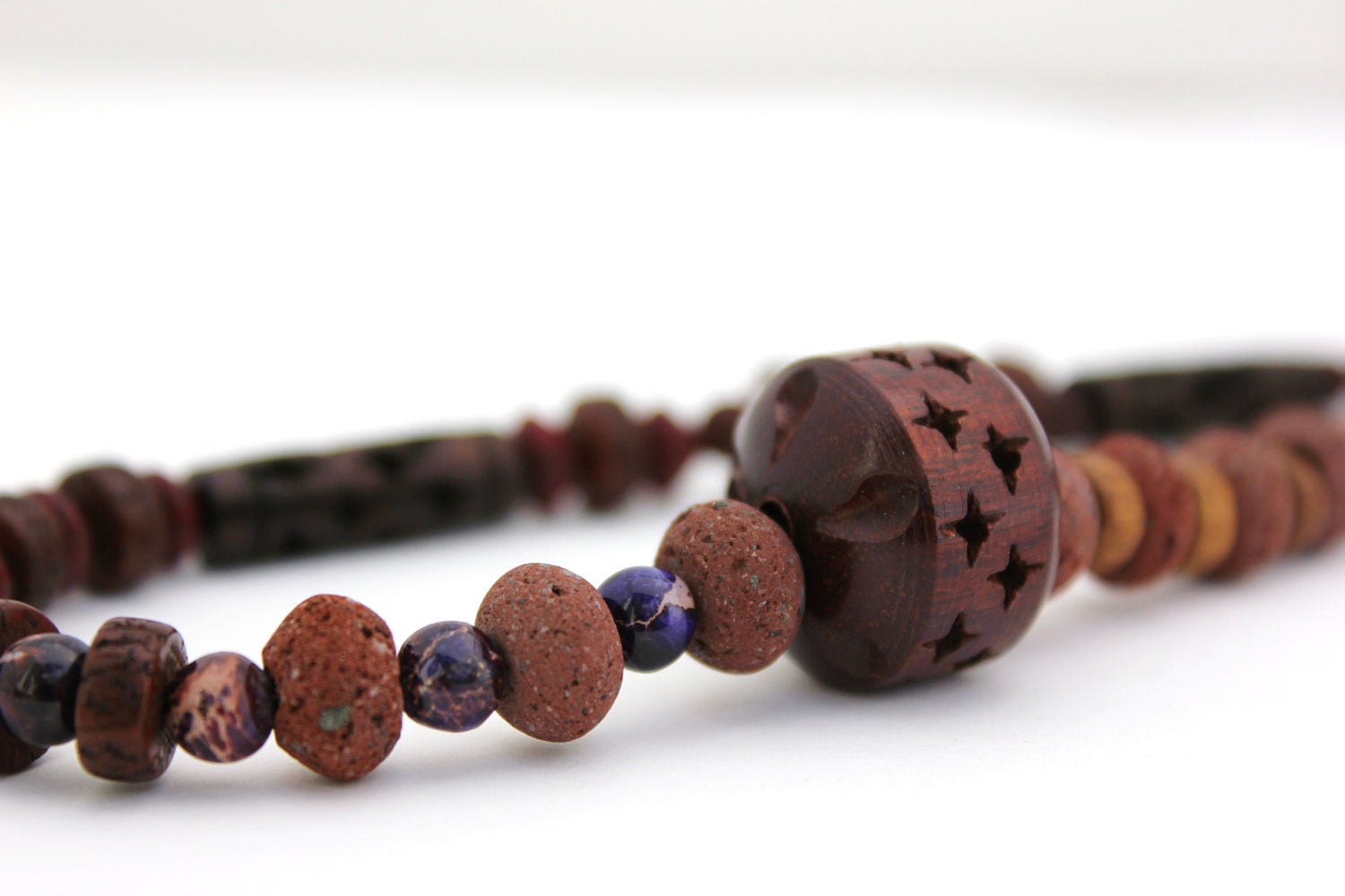 rustic purple necklace lava rock rosewood jasper necklace brown and purple necklace leather boho necklace