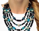 CLASSIC, Statement Necklace, Black, Teal, Ivory, Blue, Aqua, Pearls, Crystals, Bold, Chunky, Multi Strand, Jewelry by Jessica Theresa