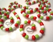 5 Whimsical Curves Beaded Christmas Ornament Hooks - Lime Green, Red and White