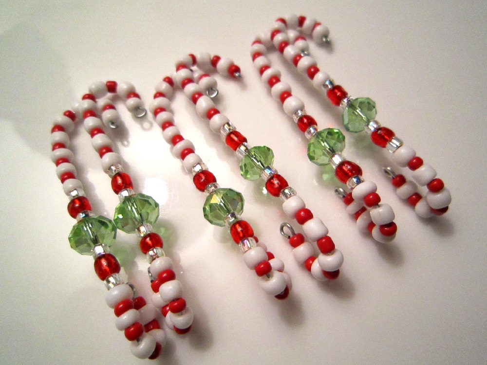 6 Beaded Ornament Hangers - Seuss Style Candy Cane Bright White and Red with Lime Green Crystal Rondelle
